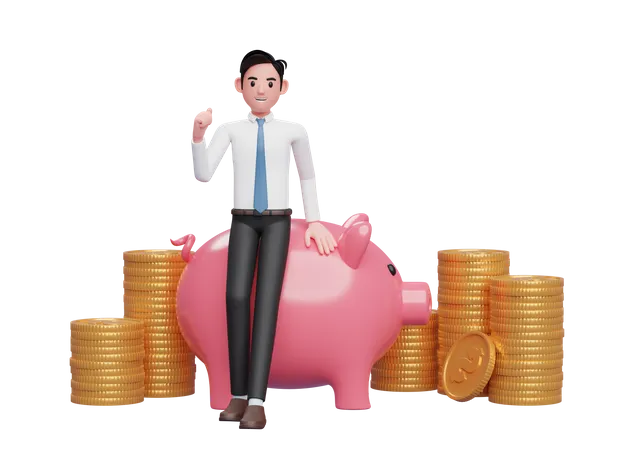 Businessman sitting leaning on pink pig piggy bank celebrating clenching hands,  rendering of business investment concept  3D Illustration