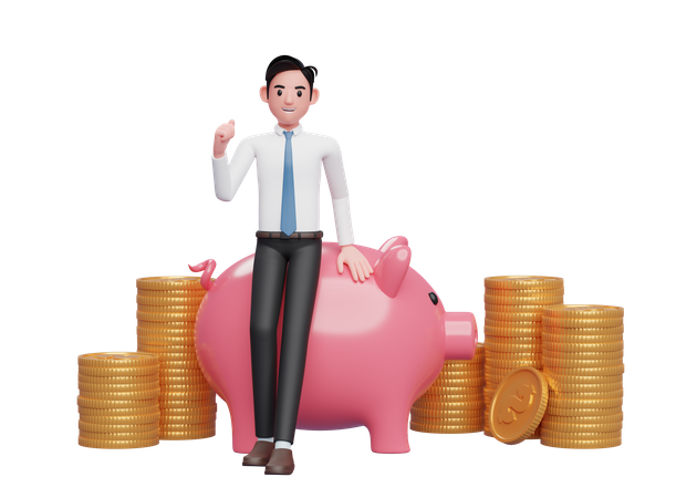 Businessman sitting leaning on pink pig piggy bank celebrating clenching hands,  rendering of business investment concept 3D Illustration