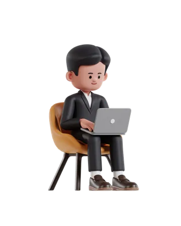 Businessman sitting on a chair and working on a laptop  3D Illustration