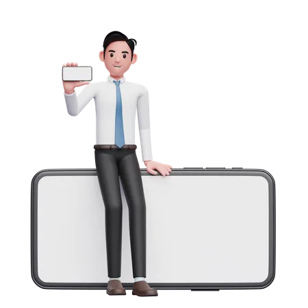 Businessman sitting on a phone while showing the phone screen  3D Illustration
