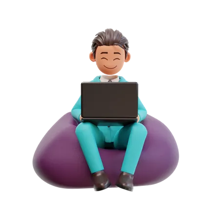 Businessman sitting on beanbag with laptop  3D Illustration