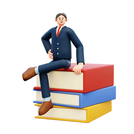 Businessman Sitting On Books  3D Illustration