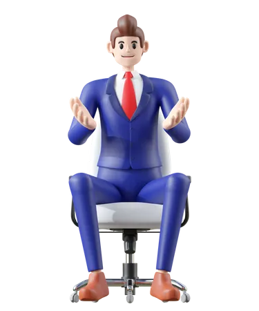Businessman Sitting On Chair And Talking 3 D Illustration Of Cute Cartoon Smiling Isolated On White Background 3D Illustration