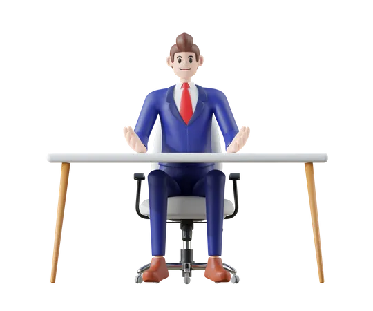 Businessman Sitting On Chair And Presenting 3 D Illustration Of Cute Cartoon Smiling Isolated On White Background 3D Illustration