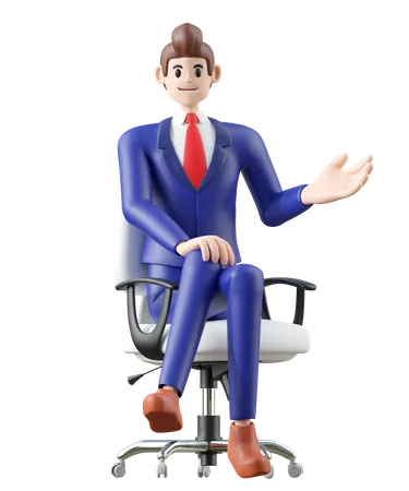 Businessman Sitting On Chair And Talking 3 D Illustration Of Cute Cartoon Smiling Isolated On White Background 3D Illustration