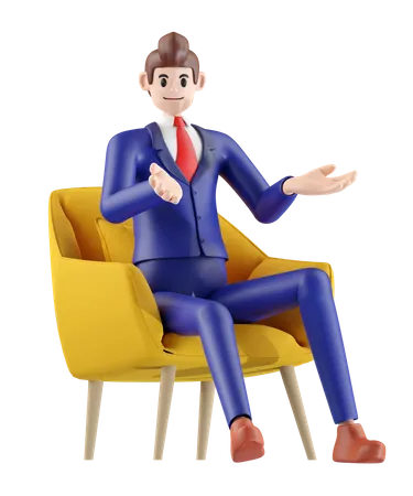 Businessman Sitting On A Chair And Explaining 3 D Illustration Of Cute Cartoon Smiling Isolated On White Background 3D Illustration
