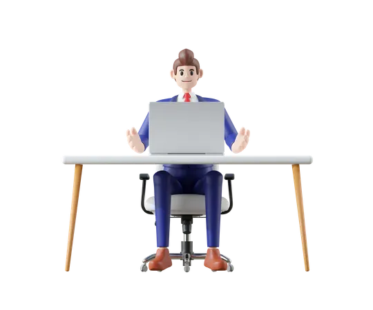 Businessman sitting on chair and presenting on laptop  3D Illustration