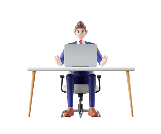 Businessman sitting on chair and presenting on laptop  3D Icon