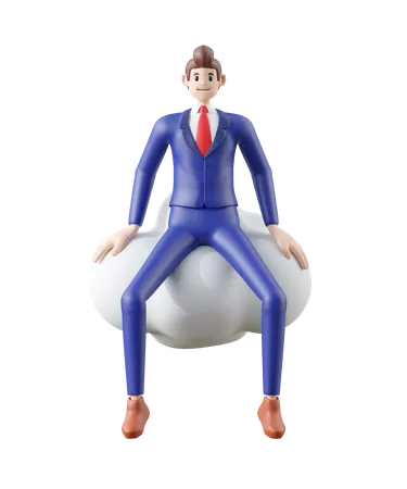 Businessman Sitting On Cloud 3 D Illustration Of Cute Cartoon Smiling Isolated On White Background 3D Illustration