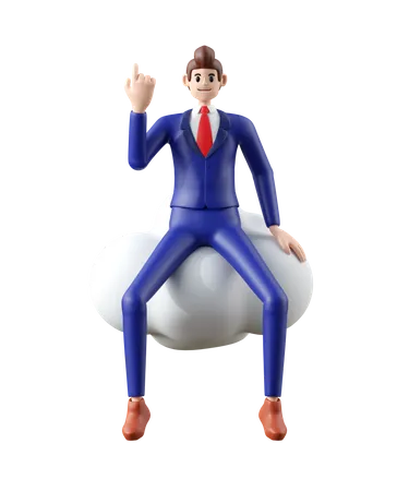 Businessman Sitting On Cloud 3 D Illustration Of Cute Cartoon Smiling Isolated On White Background 3D Illustration