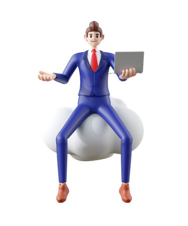 Businessman sitting on cloud and explaining with laptop  3D Illustration