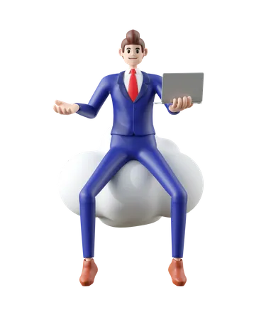 Businessman Sitting Explaining With Laptop On Cloud 3 D Illustration Of Cute Cartoon Smiling Isolated On White Background 3D Illustration
