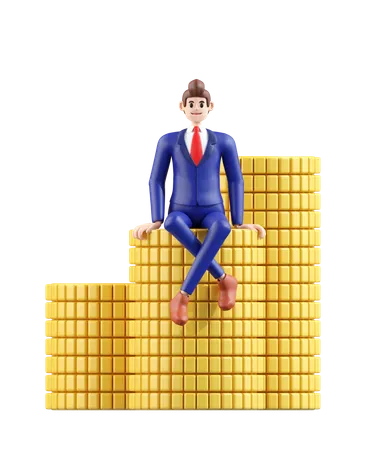Businessman Sitting On Currency Coin 3 D Illustration Of Cute Cartoon Smiling Isolated On White Background 3D Illustration