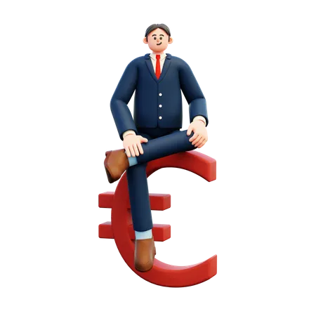 Businessman Sitting On Euro  3D Illustration