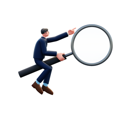 Businessman Sitting On Giant Magnifying Glass  3D Illustration