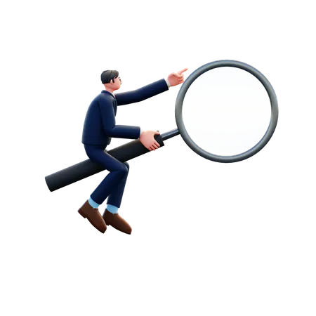 Businessman Sitting On Giant Magnifying Glass  3D Illustration