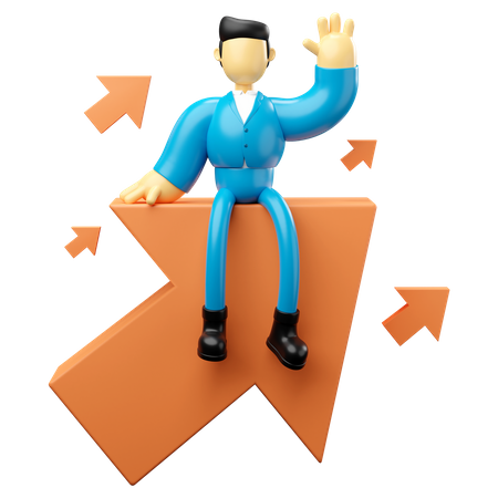 Businessman sitting on growing arrow and waving hand  3D Icon