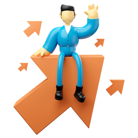 Businessman sitting on growing arrow and waving hand  3D Illustration