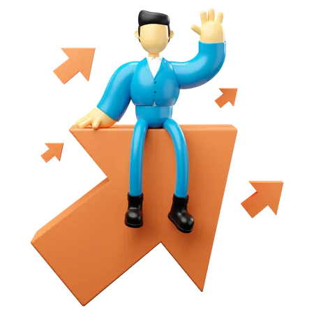 Businessman sitting on growing arrow and waving hand 3D Illustration