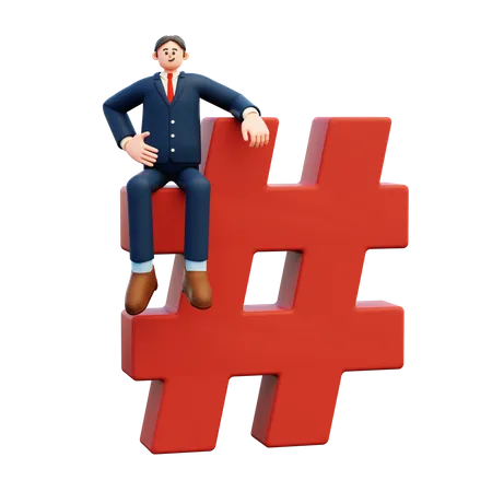 Businessman Sitting On Hashtag  3D Illustration