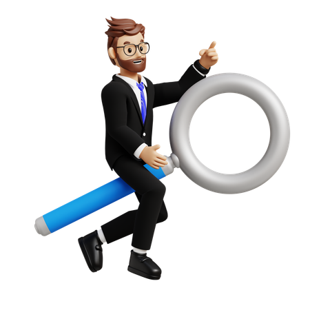 Businessman Sitting On Magnifier Glass  3D Illustration