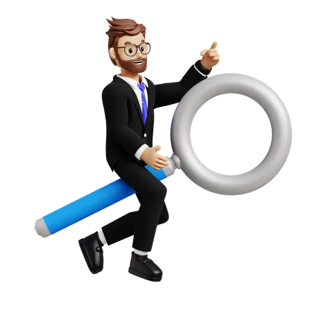 Businessman Sitting On Magnifier Glass  3D Illustration