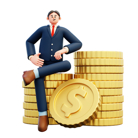 Businessman Sitting On Money  3D Illustration