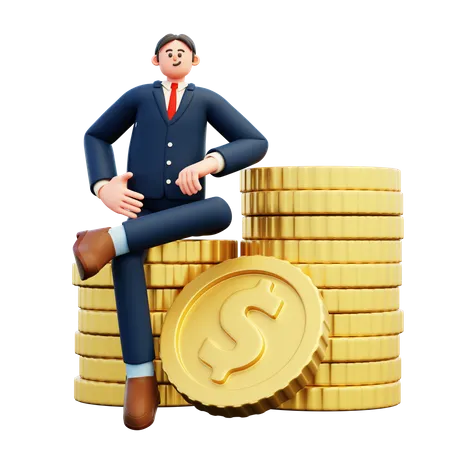 Businessman Sitting On Money  3D Illustration
