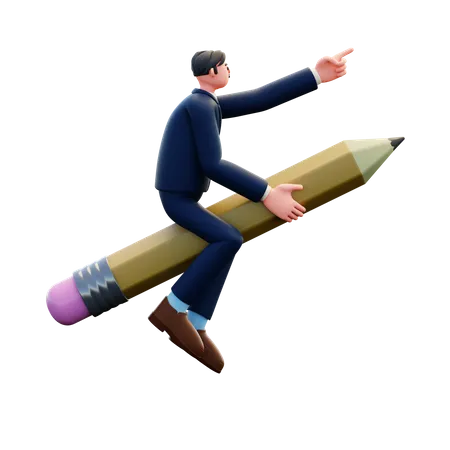 Businessman Sitting On Pencil  3D Illustration