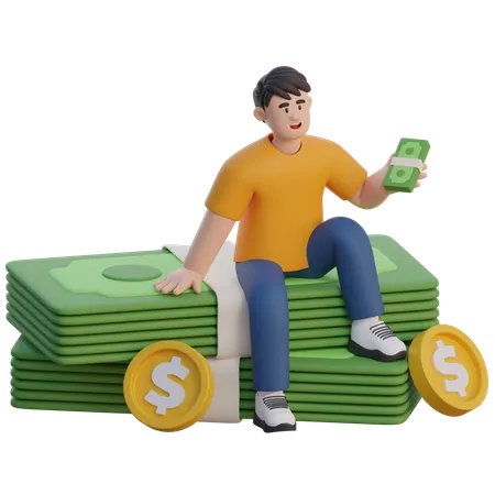 Businessman Sitting On Pile Of Money  3D Illustration
