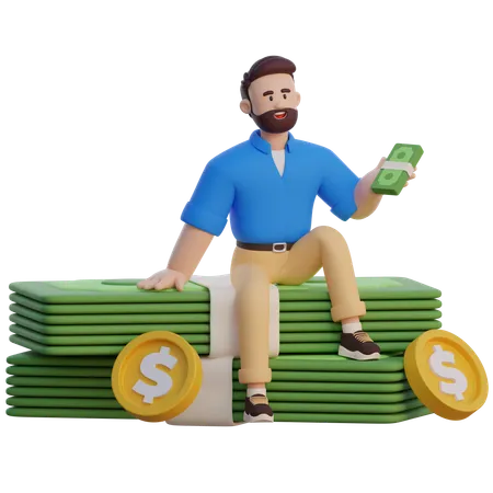 Businessman Sitting On Pile Of Money  3D Illustration