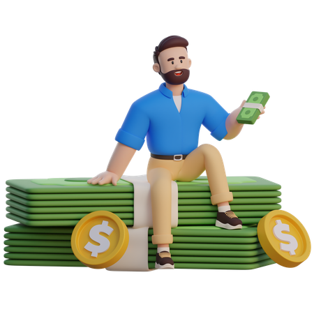 Businessman Sitting On Pile Of Money  3D Icon