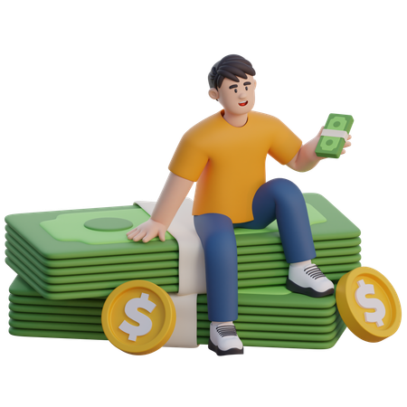 Businessman Sitting On Pile Of Money  3D Illustration