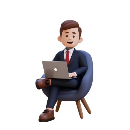 Businessman Sitting On Sofa And Working On Laptop  3D Illustration