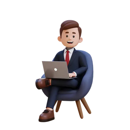 3 D Businessman Character Sitting On A Sofa And Working On A Laptop 3D Illustration