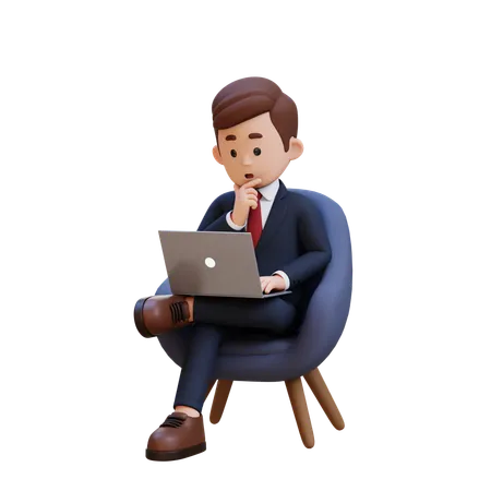 3 D Businessman Character Sitting On A Sofa And Working On A Laptop With Thinking Pose 3D Illustration