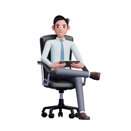 Businessman sitting with legs crossed and holding tablet  3D Icon