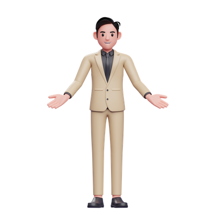 Businessman smiling friendly and doing open hand welcoming 3D Illustration