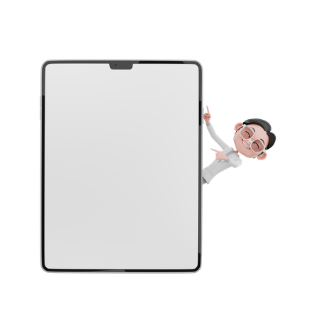Businessman sneaking behind the tablet 3D Illustration