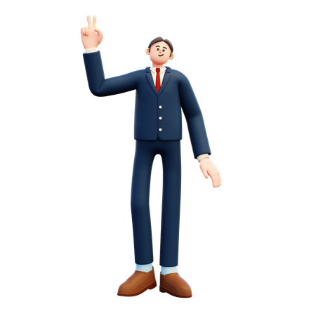 Businessman Stand With Victory Sign  3D Illustration