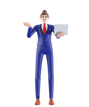 Businessman standing and explaining with laptop  3D Illustration