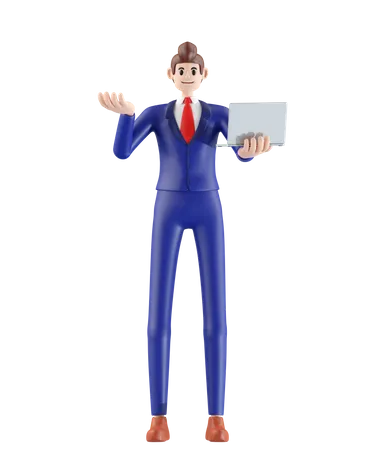 Businessman Standing And Explaining With Laptop 3 D Illustration Of Cute Cartoon Smiling Isolated On White Background 3D Illustration