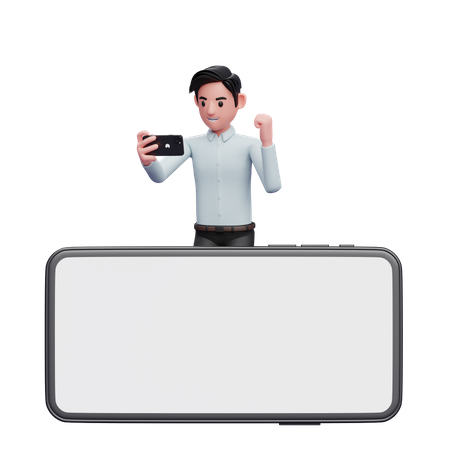 Businessman standing behind phone while celebrating 3D Illustration