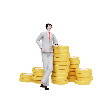 Businessman Standing Confidently By Stack Of Coins  3D Illustration