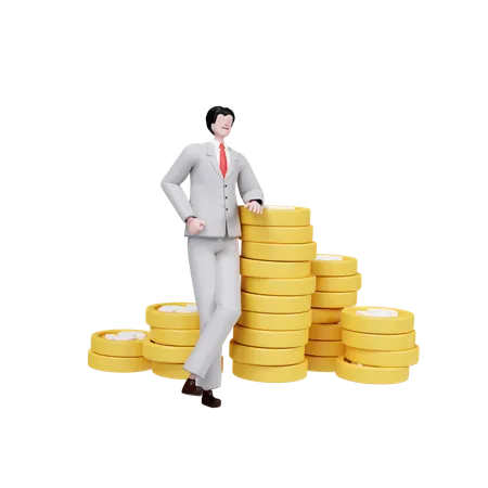 Businessman Standing Confidently By Stack Of Coins  3D Illustration