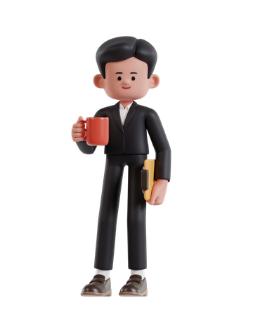 Businessman standing holding coffee cup and clipboard  3D Illustration