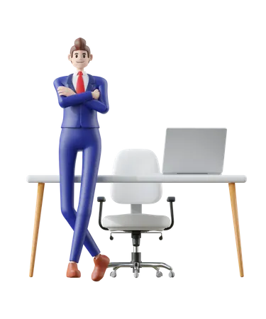 Businessman Sitting On Chair And Presenting On Laptop 3 D Illustration Of Cute Cartoon Smiling Isolated On White Background 3D Illustration