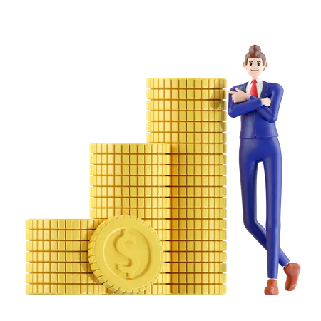 Businessman Standing Next A Lots Of Currency Coin 3 D Illustration Of Cute Cartoon Smiling Isolated On White Background 3D Illustration