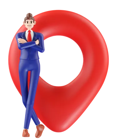 Businessman Standing Next Marking Location Ping 3 D Illustration Of Cute Cartoon Smiling Isolated On White Background 3D Illustration