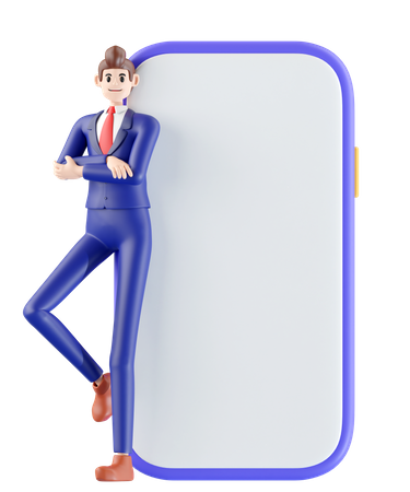 Businessman standing next to a big phone  3D Illustration